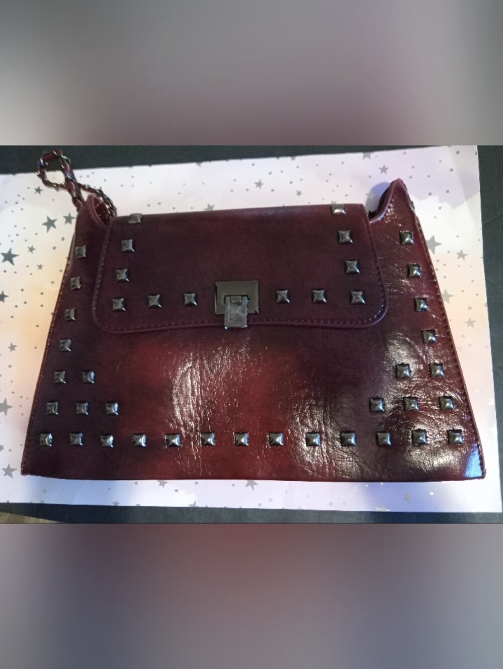 Studded Burgundy Rivet & Chain Crossbody Bag